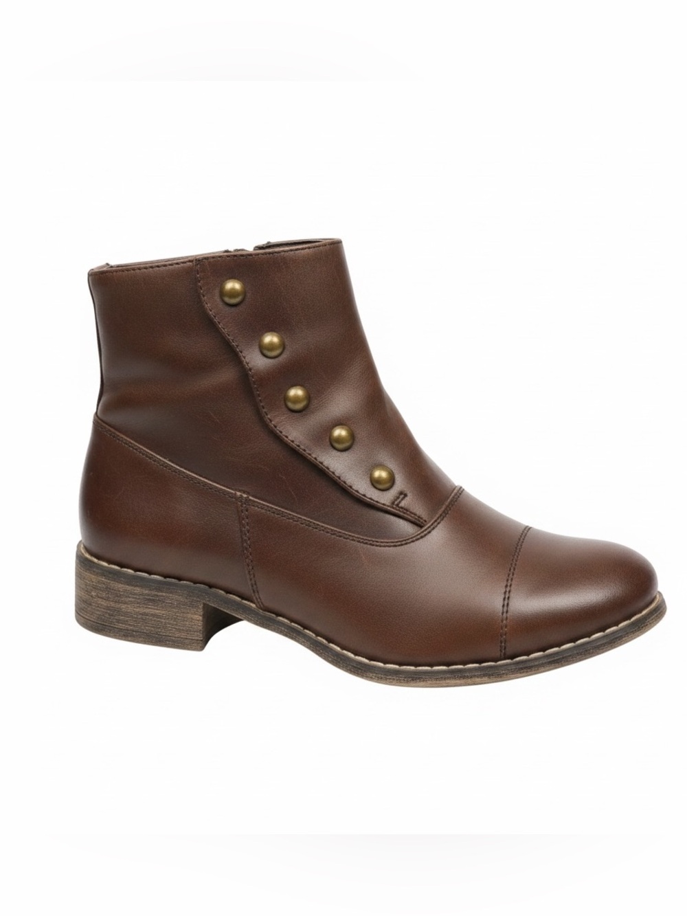 Brown Women's Leather Ankle Booties with Side Zip and Button Detail